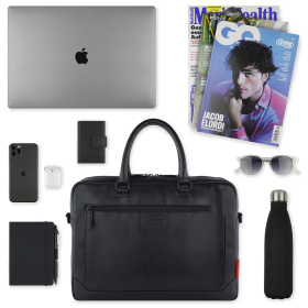 Портфель мужской BUGATTI Clark, чёрный, воловья кожа/полиэстер, 40х9,5х29 см, 10 л